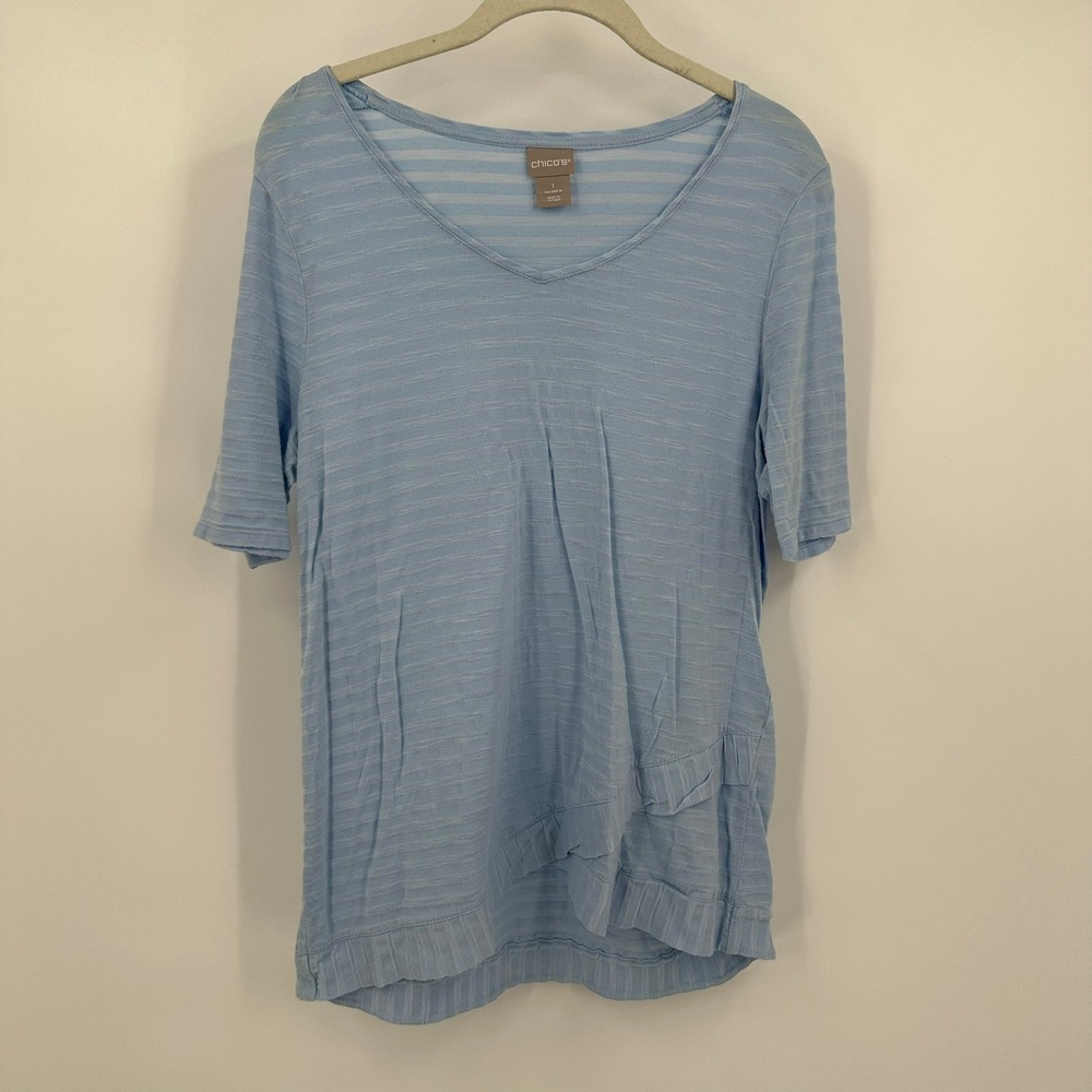 Chicos Womens Light Blue Striped V Neck Tunic Top Size‎ M Coastal Layered Hem